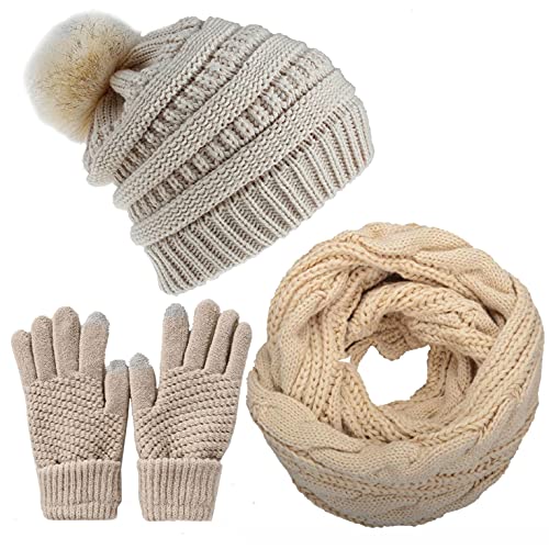 Joligiao Mütze Schal Damen Winter Beanie Strickmütze Set Damen Fellbommel Beanie Schal Set Stricken Touchscreen-Handschuhe Weiche Loop Schal Fleece Handschuhe Chic,Beige,Einheitsgröße Cover