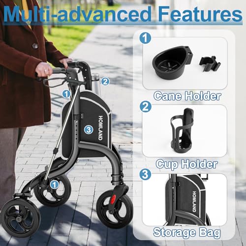 HOMLAND 3 Wheel Walkers for Seniors, Foldable Wheeled Rollator with Cane Hold and Cup Hold, Lightweight Three Wheel Rolling Walker Height Adjustable for Seniors - Thumbnail 5