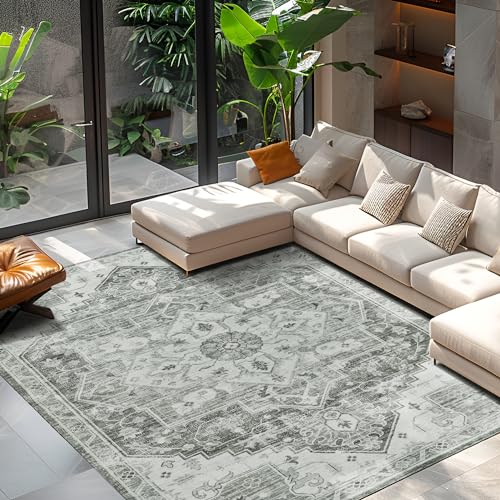 Auemtyn 5x7 Area Rug for Living Room, Grey Washable Rug with Non Slip Backing, Low Pile Carpet for Bedroom, Dinning Room