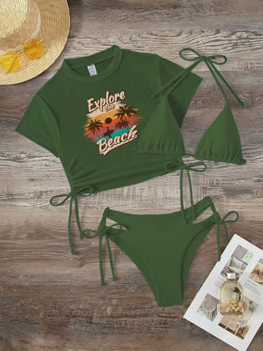 Image of Sexybody Women's 3 Piece Swimsuit Halter String Bikini Tie Side Mesh Short Sleeve Bathing Suits