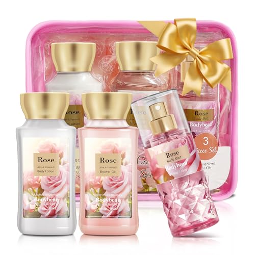 Beautifier Life Bath and Body Gift Set for Women and Girls,Rose 3PCS Set - Shower Gel,Body Lotion,Body Mist,Personal Portable Body Care Travel Set,Home Spa Set for Birthday Mother's Day Gifts for Her