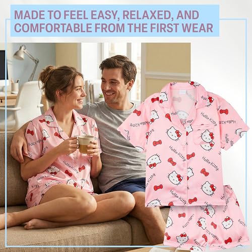 Image of Get Trend Hello Kitty | Kuromi | Pusheen Women's Pajama Sets, 2 Piece Button Up Shirt & PJ Shorts, Soft Kawaii Lounge Sets