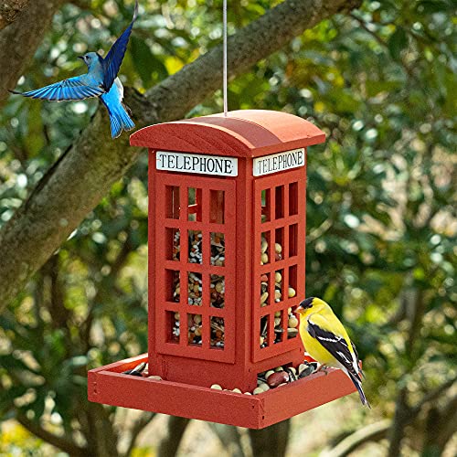 Nerosun Wooden Hanging Wild Bird Feeders For Outside, Red British Phone Booth Bird Feeder For Yard, Garden And Lawn Decorations #TOP6