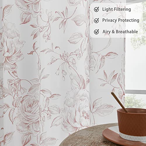 Beauoop Rose Print Light Filtering Window Curtains 95 Inches Long Botanical Floral Pattern Panels Canvas Drapes For Farmhouse Semi Sheer Privacy Protection Grommet Window Treatment, 52"W,Pink,2 Panels #TOP1