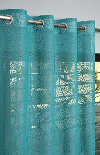 Image of Fabrilia Geometric Pattern Door Net Curtains 7 Feet Long Set Of 2 For Living Room /Bedroom, Teal Blue, Semi Sheer, Grommet Curtains