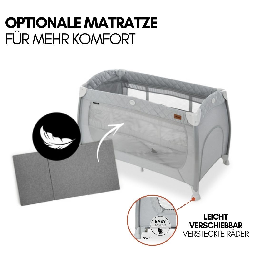 hauck Reisebett Play N Relax Center mit Wickelauflage, höhenverstellbar und seitlichem Einstieg - Quilted Grey