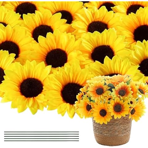 Coferset 40pcs Fake Sunflower Heads with Stems and Sunflower Bouquets for Baby Shower Wedding Bridal Party Home Decoration Cover