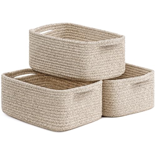 TIMEYARD 3 Pack Small Woven Rope Shelf Basket Storage Basket White Brown