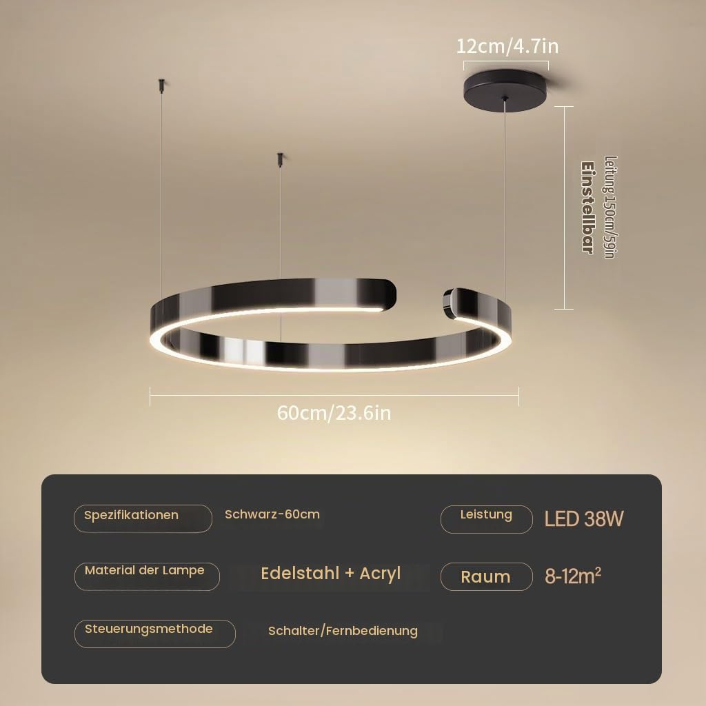 LED Hängeleuchte Dimmbar Moderne Ring Esszimmer-Pendelleuchte Kreatives C Design Hängelampe Höhenverstellbar Pendellampe Für Esstisch,Wohnzimmer,Schlafzimmer(Schwarz,1 ring/60CM/38W)