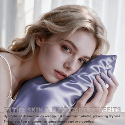 Image of LYSHIN Silk Pillow Cases 2 Pack King Size with Zipper, Grayish Blue