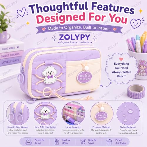 Image of Kawaii Cute Aesthetic Pencil Case 3 Layer 6 Compartment Large Capacity for Students | Pencil Pouch with Zipper | Cartoon Stationery Organizer Bag for Kids, Pencil Case for Girls & Boys (Nice Purple)
