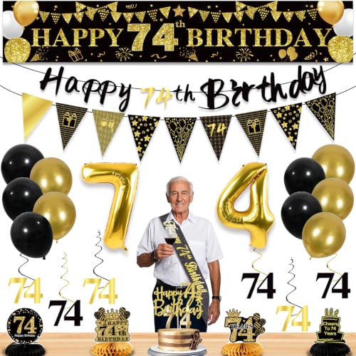 Image of 74th Birthday Decorations for Men, Black Gold 74th Party Decoration Kits