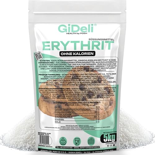 GiDeli Erythrit 5kg Doypack - Kalorienfreier Kristallzucker Lebensmittel Ersatz als Vegane - Zahnfreundliche Zucker Alternative - Hohe Verdauung Toleranz