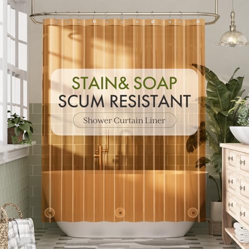 Image of Bathway Shower Curtain Liner, Clear Shower Curtain Liner 72x72 PEVA Waterproof Shower Curtain Liner Plastic with 3 Magnets and 12 Rustproof Metal Grommets, Lightweight Orange Amber Shower Liner