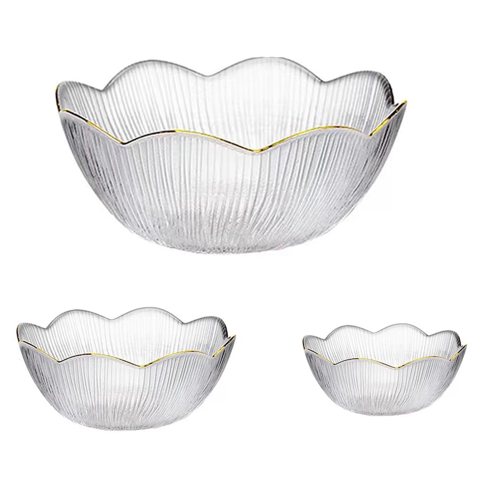 X.SSTTXN 3-Pieces Glass Salad Bowl Set, Phnom Penh Decorative Fruit Bowls, Unique Flower Shape Glass Serving Bowls for Kitchen Prepping, Party Snack, Fruits, Dessert (33oz, 28oz, 13oz - Clear)