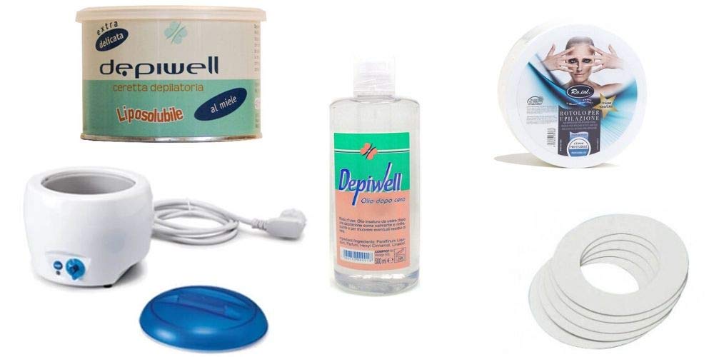 Kit Depilazione Scaldacera + Cera 400ml + Strisce + Cerchietti Salvabordo + Olio Post Epilazione (Miele)