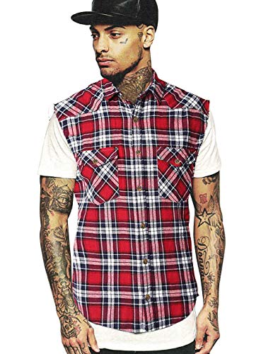 NUTEXROL Men's Casual Flannel Plaid Shirt Sleeveless Plus Size Vest Red and Black - Image 2