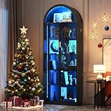 Dystler Arch Display Cabinet with Doors and Adjustable Shelves, 76' Tall Curio Cabinet with LED Lights/Storage Space, 6 Tier Display Case Bookcase for Collectibles Bedroom Living Room Office, Black