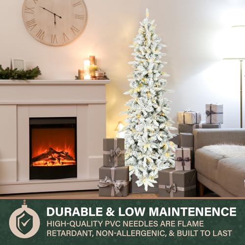 Fraser Hill Farm 6.5-Ft. Slim Mountain Pine Flocked Artificial Christmas Tree with Warm White LED Lights and Stand, Prelit Foldable Fake Tree with Realistic Snowy Foliage for Home Decoration by Fraser Hill Farm - Image 8