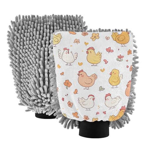 Cartoon Cute Chicken White Wash Mitt Microfiber 11.8'' Cars Washing Mitts Scratch Free Detailing Gloves for Wash Drying