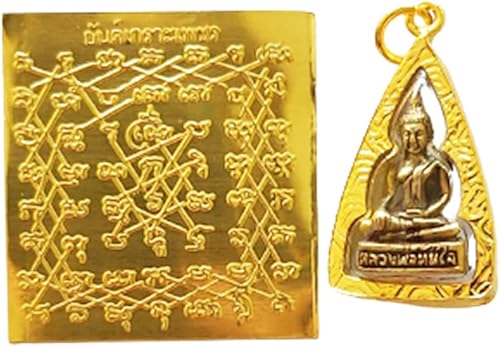 Milagro Colgante Phra LP Tanjai Buda Thai & Yant Kroa Petch Sheet Gold Spell Yantra Charm Amuleto Talismán Protección Poder Fortuna Comercio Rico