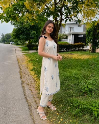 Image of Women's Embroidered Kurta Set, Off-White with Blue Floral Print, Sleeveless Strappy Kurta with Pom-Pom Detail and Matching Pants