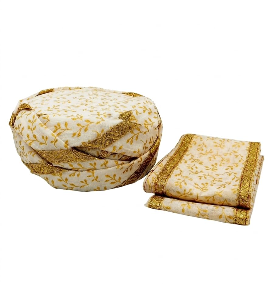 devraj the wedding collection Premium White & Gold Floral Safa for Men,& Womens | Readymade Rajasthani Turban for All Festive Occasions, Weddings & Royal Events | Comfortable Multi-Purpose Pagri with Velvet Lining-picture-20