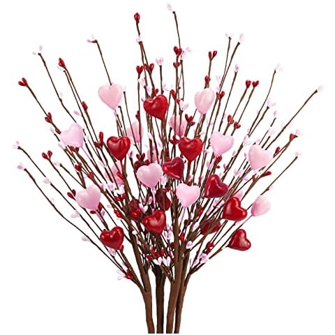 Agusbagli 6 Pcs Valentine’s Day Picks Artificial Red Berry Flower Stems with Pink Hearts for Valentine’s Day Wedding Home Vase Decor, 23.6" Cover