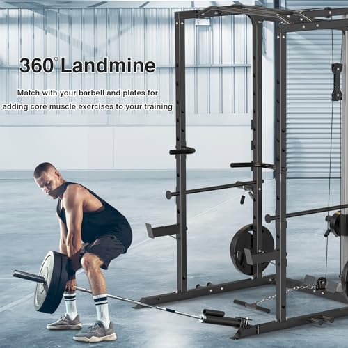 Image of ULTRA FUEGO Power Cage, Multi-Functional Power Rack with J-Hooks, Dip Handles, Landmine Attachment and Optional Cable Pulley System for Home Gym (Power Cage Black with Pulley System and Olympic Bar)