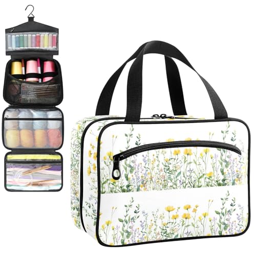 YNNALE Sewing Supply Organizer Bag, Watercolor Spring Flowers and Leaves Portable Sewing Bags with Pockets&Hanger, Sewing Storage Box Case for Sew Supplies/Kit/Tools/Accessories (BAG ONLY)