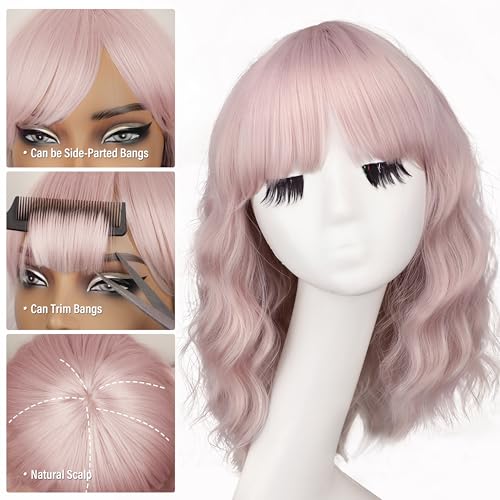 Image of Nnzes Short Wavy Bob Wig with Bangs for Women Shoulder Length Curly Light Pink Synthetic Heat-Resistant Fiber Hair for Daily & Party Use