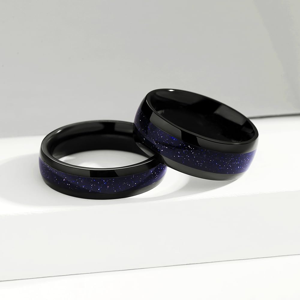Personalized Promise Rings for Women/Men, Custom Promise Rings for Her, Promise Rings for Couples, Matching Couple Rings for Him and Her, Blue Sandstone Filled Wedding Engagement Ring 8mm/6mm Bands