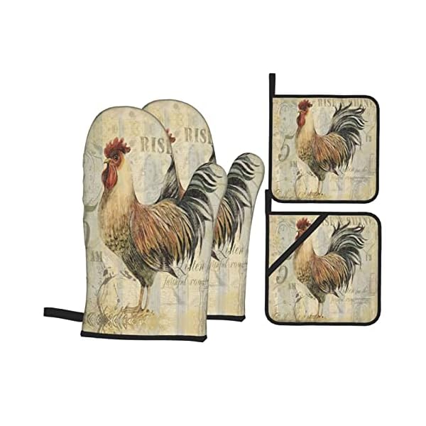 DONMYER Vintage Rustic Farmhouse Chicken Cock Rooster Oven Mitts and Pot Holders Sets of 4 Heat Resistant Gloves Set Potholders for Kitchen Baking Grilling Non-Slip Cooking Mitts, 7.2x11in+8x8in