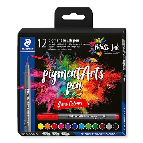 STAEDTLER brush pen pigment Arts, pigmentierte Premium-Zeichentusche, Pinselspitze für variable Linienbreite, wasserfest, 12 brush pens in sortierten basic colours im Kartonetui, 371 C12-1