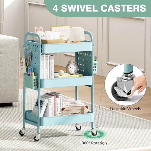 Image of KINGRACK 3 Tier Rolling Cart with DIY Pegboard, Metal Utility Cart with Wheels, Hooks & Baskets, Sturdy Storage Organizer for Craft, Bathroom, Kitchen, Office, Nursery, Classroom(Blue)