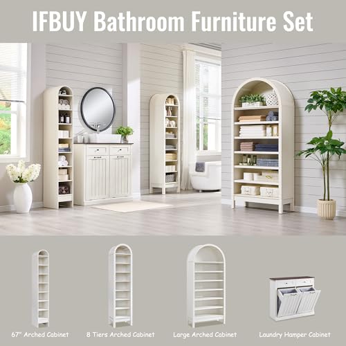 Image of IFBUY 71 inch Tall Arched Bathroom Storage Cabinet, 8-Tier Modern Farmhouse Storage Cabinet with Adjustable Shelves, Wood Freestanding Cabinet for Bathroom, Living Room, Entryway, Hallway (Antique White)