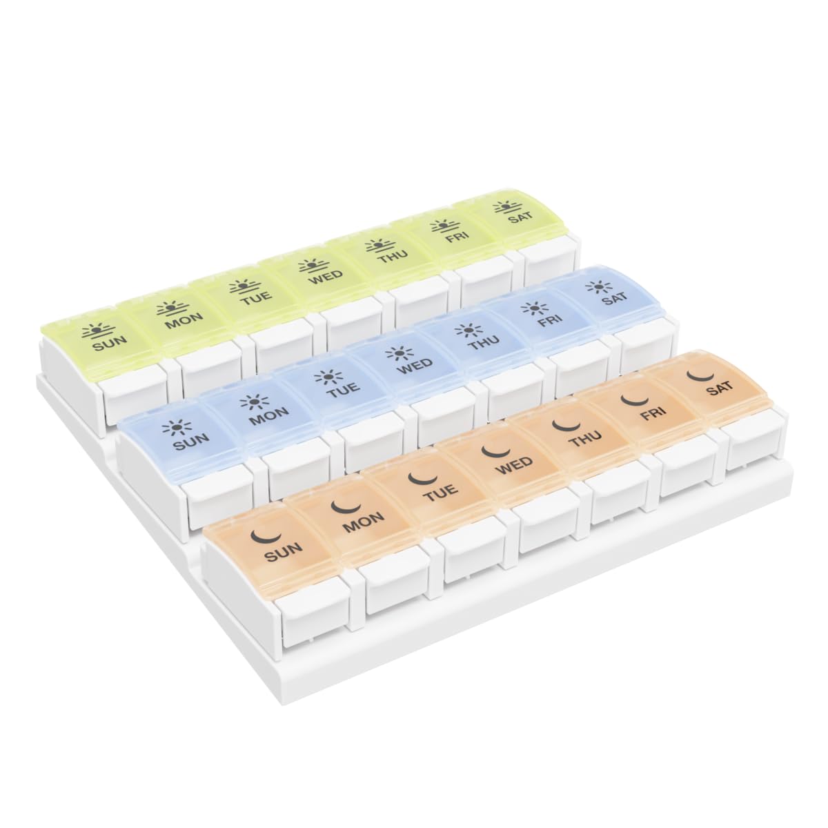 EZY DOSE Weekly (7-Day) Pill Case, Daily Medicine Planner, Vitamin Organizer Container, Large Push Button Compartments, Easy to Use, 3 Times a Day, Spring Open Design, Rainbow Lids, BPA Free