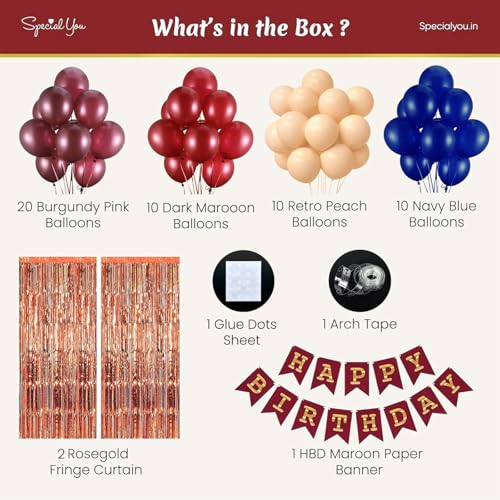 Image of SpecialYou.in Happy Birthday Decoration Kit For Kids With Burgundy, Dark Maroon, Peach, Chrome Blue Balloons Decoration Kit, Fringe Foil Curtains & Balloons For Birthday Decoration Items- 55 Pcs