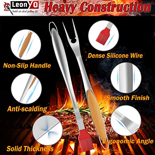 18" Extra long Grill Tools Set of 6, Leonyo BBQ Tool Set, Heavy-duty Barbecue Grilling Accessories, Stainless Steel Spatula, Fork, Tong, Basting Brush, Cleaning Brush & Carrying Bag, Wood Color Handle by Leonyo - Image 3