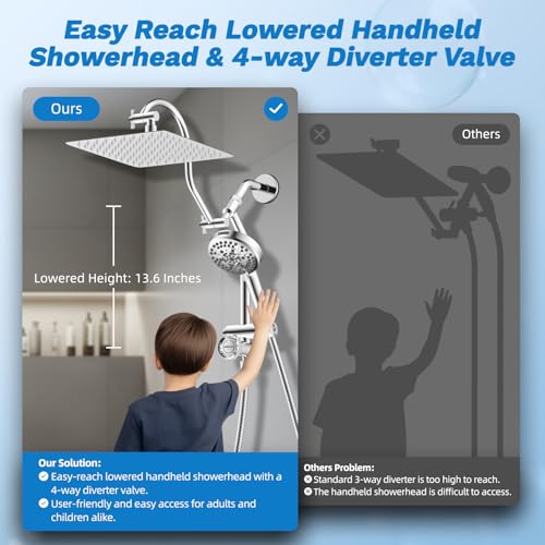 Image of Hibbent High Pressue All Metal 10 inch Rainfall Shower Head, Handheld 10-Spray | cUPC Certified Chrome Dual Showerhead Combo, 4-way Diverter with Pause Mode, Brass Extension Arm, 71'' Shower Hose & Holder