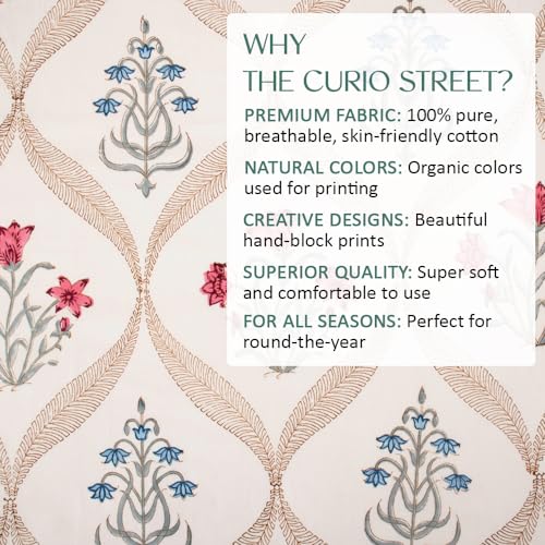 Image of Premium Bedsheet with 2 Pillow Covers I Hand Block I Pure & Soft Percale Cotton I 300 TC I 90x108 inches (King Size Double Bed Bedcover) I Floral Pattern I Pink & Blue