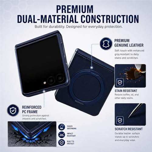 ZERUK Genuine Leather Case for Samsung Galaxy Z Flip 5, Slim MagSafe Compatible Cover with Hinge Protection, Military-Grade Drop Protection, 360° Rotating Magnetic Kickstand (Navy, Z Flip5) by ZERUK - Used condition - Image 5