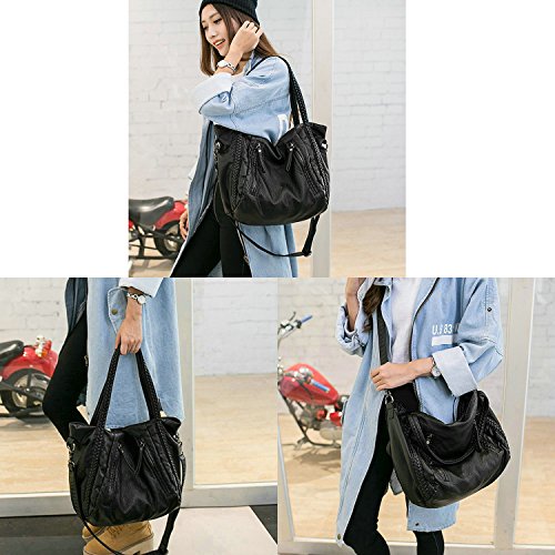 Oversized Slouchy Purse, Black Large Handbag Women Multi-Pockets Hobo Top-Handle Tote Soft Faux Leather Braided Shoulder Bag-Big Size #TOP4