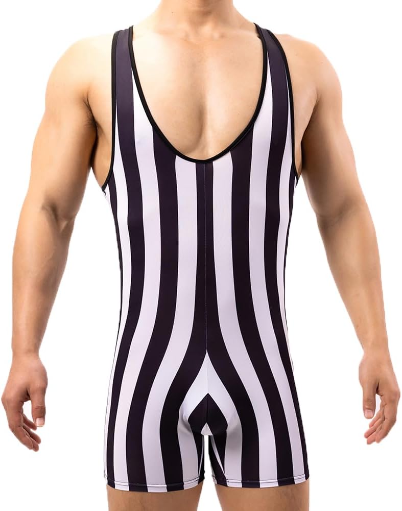 Men Striped Bodysuit Wrestling Singlet Seamless Active Jumpsuit One Piece Base Layers Athletic Supporters Leotard