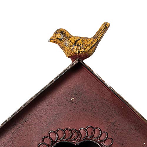 MOCOME 55\" Outdoor Bird House Stake with Pole, Rococo Birdhouse Stand with Bowknot, Antique Decorative Garden Stake, Metal Bird Houses for Outside(Claret, Oval Shape)