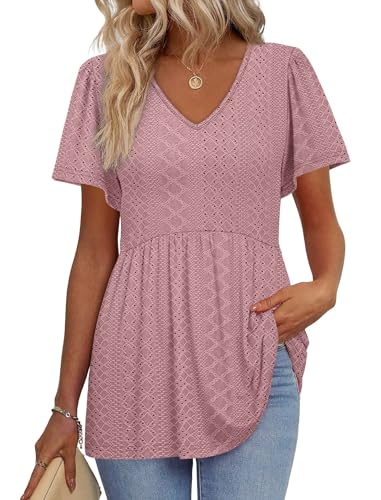 Image of OFEEFAN Womens Summer Tops Babydoll Short Sleeve Shirts Puff Sleeve Peplum Tops V Neck T Shirts