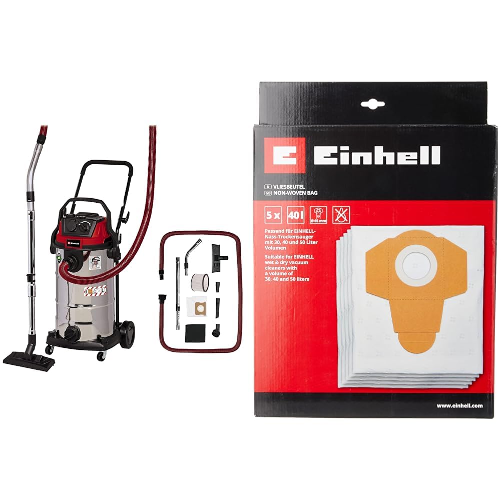 Odkurzacz do pracy na mokro/sucho Einhell TE-VC 2340 SACL 2342470 40l & Einhell 2351195 Worek Do Odkurzacza Einhell Na Mokro i Sucho Z Włókniny, 40 L / 5 Sztuk, Biały