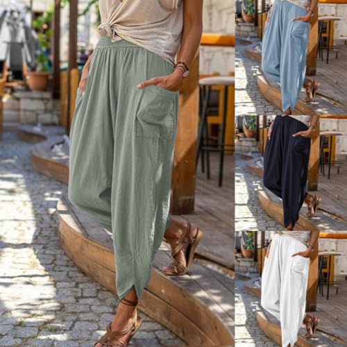 ZOCAVIA Women's Cotton Linen Capri Pants Summer Lightweight Elastic Waist Palazzo Harem Pants Baggy Trousers with Pockets3