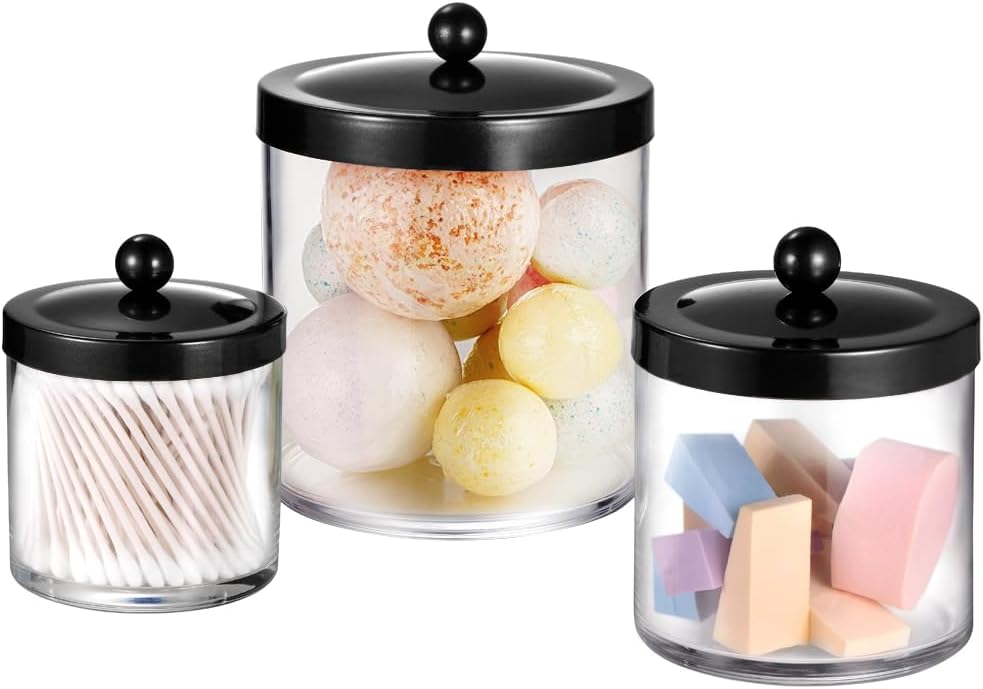 Premium Quality Apothecary Jars - Clear Plastic Storage Jars with Rust Proof Stainless Steel Lids - Bathroom Vanity Countertop Storage Organizer Canister Holder House Decor | Set of 3 (Black)