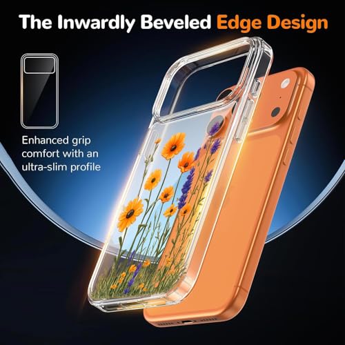 Image of Elzzi Floral Case for iPhone 17 Pro Max, Lavender Flower Clear Phone Case for Women Girls, Cute Aesthetic Purple Botanical Transparent Shockproof Protective Slim Cover (Orange with Leaf)